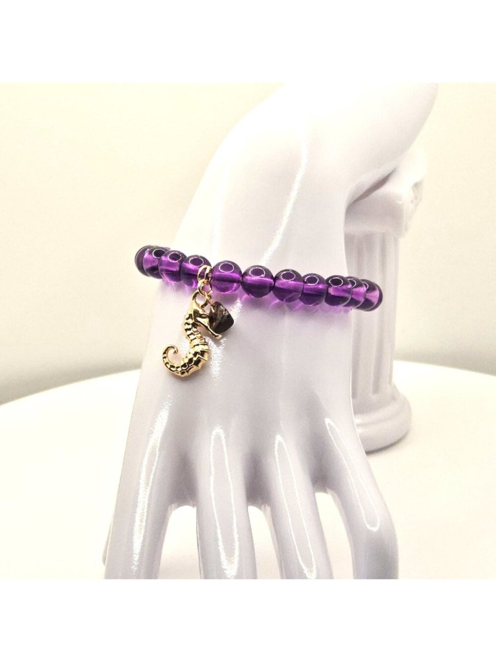 Purple Glass Beaded Bracelet With Gold Seahorse Charm And Accent Bead